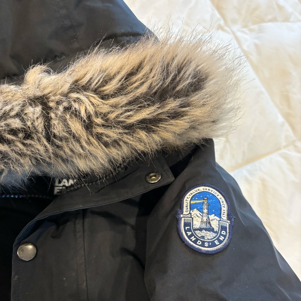 M Lands End Black Fur Hooded Winter Coat and up Up Snow suit / snow pants size 6